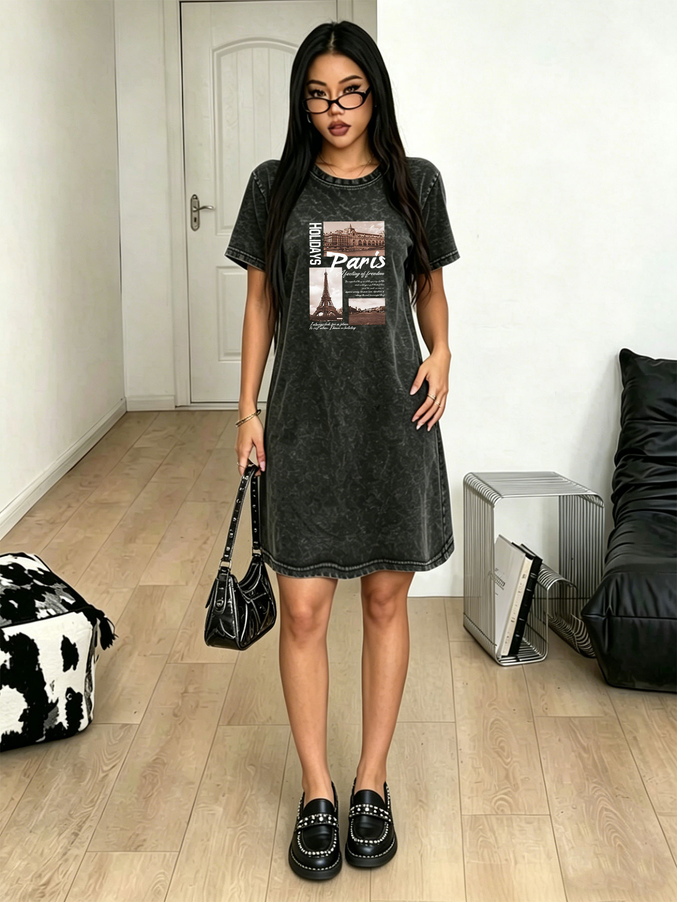 Streetwear Brand In Paris - Женское винтажное платье-футболка с эффектом потертости,